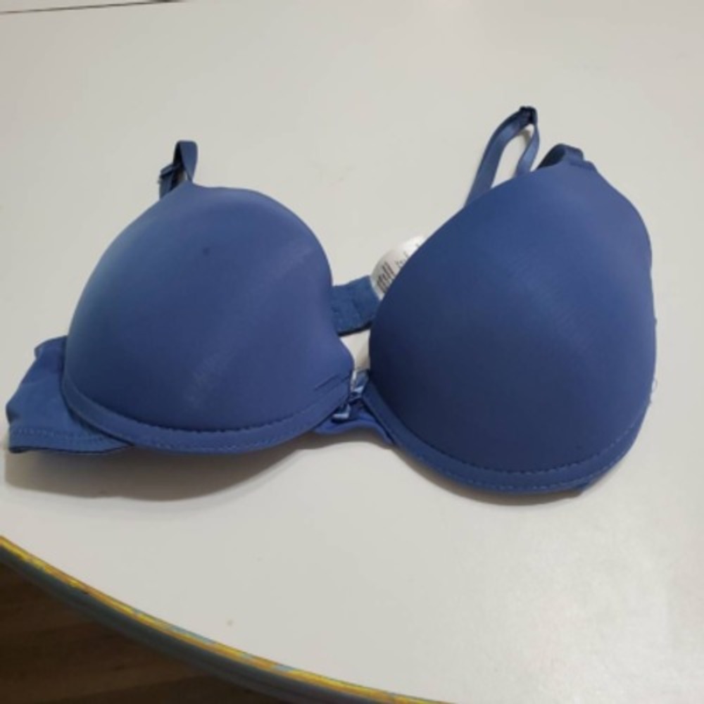 Womens Push Up Bra Blue Underwire Hook And Eye Stretch Bow 34B